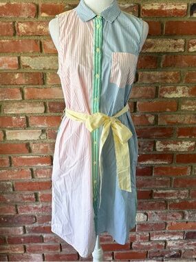 Sleeveless Striped Button-Front Shirt Dress with Yellow Tie